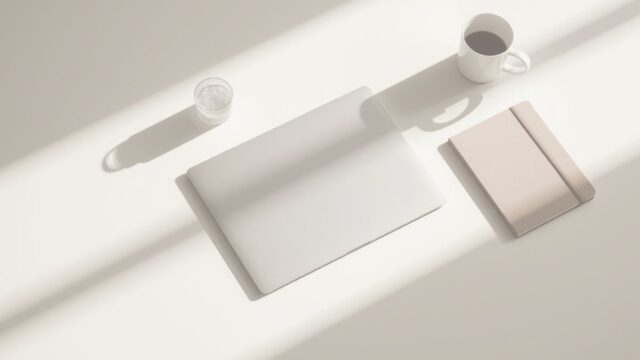 光が差し込む白い机とノートの写真